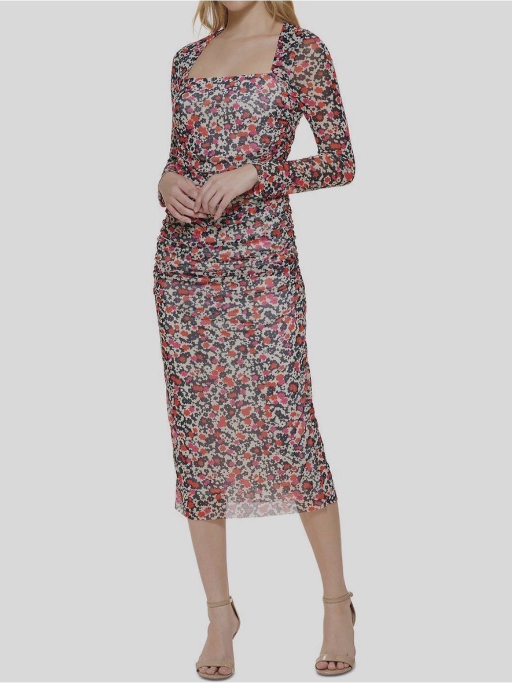 Tommy Hilfiger Pink, Black & White Floral Ruched Midi Long Sleeve Dress